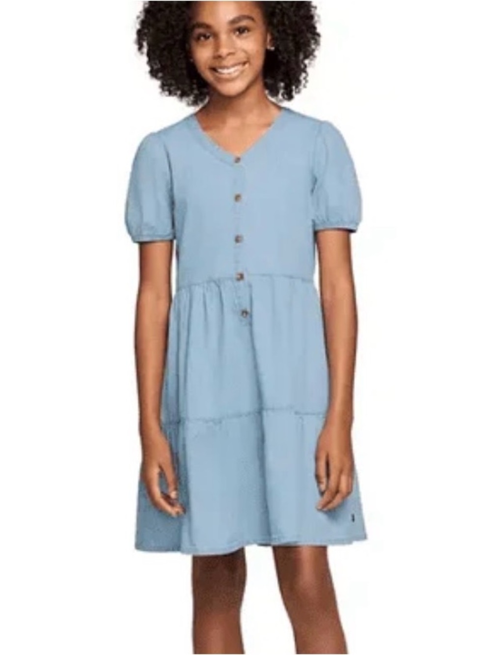 Gap Kids Girls Chambray Tiered Dress Size XL 14/16 Blue Denim Puff Sleeve Short
